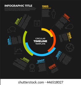 Plantilla de informe de línea de tiempo circular de vectores Infografía con los mayores hitos, iconos y años - versión de plantilla oscura