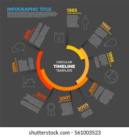 Vector Infographic circular timeline report template with the biggest milestones, icons, shadows and big colorful years labels - dark version