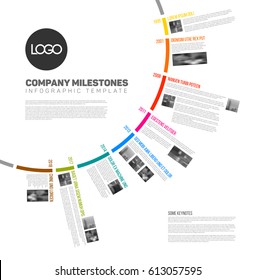 Plantilla de informe de escala de tiempo circular de vector con los principales hitos, iconos, fotos y etiquetas de años