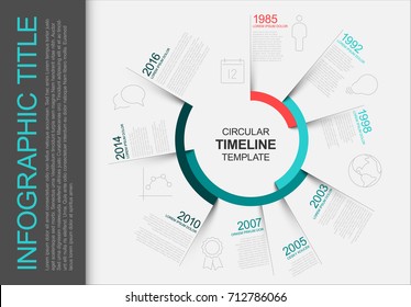 Vector Infographic circular timeline report template with the biggest milestones, icons, shadows and big colorful years labels