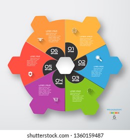 Vector infographic of color round form and dark gray segments cut from paper with text and color icons with long shadows on the gradient gray background.