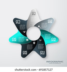 Vector infographic of color star with 7 rays cut from paper with round cutout in center, shadows, icons with long shadows and text on the gradient gray background.