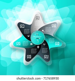 Vector infographic of color star with 7 rays cut from paper with round cutout in center, shadows, icons with long shadows and text on the gradient turquoise background.