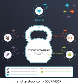 Vector infographic colorful template. Concept with kettlebell stylized element and healthy lifestyle icons on the dark background.