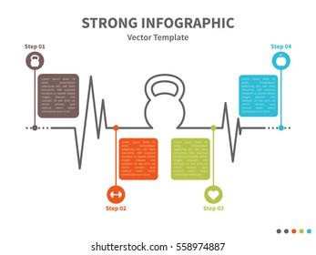 Vector infographic colorful template. Concept with kettlebell stylized element and healthy lifestyle icons on the white background.