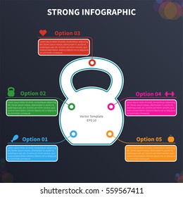 Vector infographic colorful template. Concept with kettlebell stylized element and healthy lifestyle icons on the dark background.