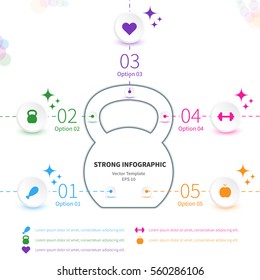 Vector infographic colorful template. Concept with kettlebell stylized element and healthy lifestyle icons on the white background.
