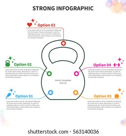 Vector infographic colorful template. Concept with kettlebell stylized element and healthy lifestyle icons on the white background.
