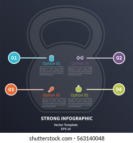 Vector infographic colorful template. Concept with kettlebell stylized element and healthy lifestyle icons on the dark background.