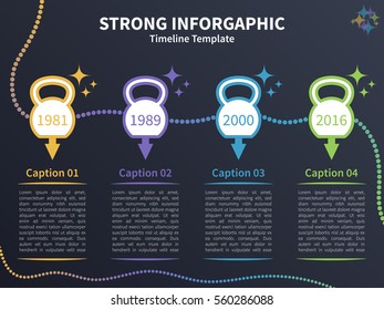 Vector infographic colorful template. Timeline concept with kettlebell stylized elements on the dark background.