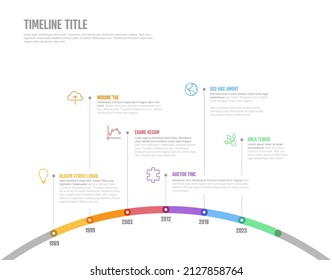 Plantilla de línea de tiempo curvada del arco de hitos de la empresa de infografía de vectores. Versión de la plantilla de línea de tiempo de marcado grueso claro con iconos. Línea de tiempo de color gruesa con curva, iconos y contenido de texto