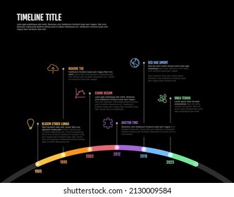 Vector Infographic Company Milestones arc curved Timeline Template. Thick marker time line template version with icons on black background. Thick Color Timeline with curve, icons and text content