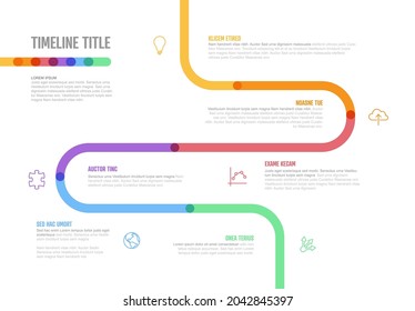 La plantilla de línea de tiempo curvada de Hitos de empresa de infografía de vectores. Versión de la plantilla de línea de tiempo de marcado grueso claro con iconos. Línea de tiempo de color gruesa con curvas, iconos y contenido de texto