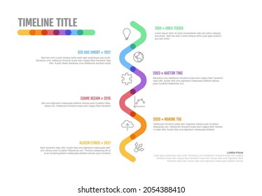 La plantilla de línea de tiempo vertical curvada de Hitos de empresa de infografía vectorial. Versión de la plantilla de línea de tiempo de marcado grueso claro con iconos. Línea de tiempo de color gruesa con curvas, iconos y contenido de texto