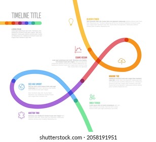 Vector Infographic Company Milestones curved Timeline with twirl Template. Light thick marker twist time line template version with icons. Thick Color kink Timeline with curves, icons and text content