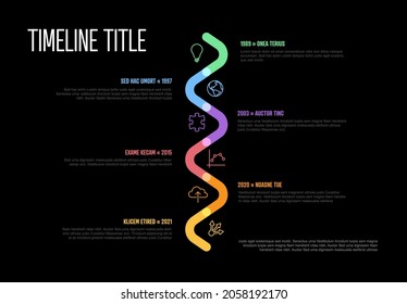 La plantilla de línea de tiempo vertical curvada de Hitos de empresa de infografía vectorial. Versión de la plantilla de la línea de tiempo del marcador grueso con iconos en el fondo negro. Línea de tiempo de color gruesa con curvas, iconos y texto