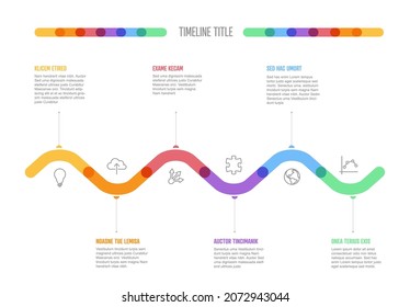 La plantilla de línea de tiempo horizontal curvada de Hitos de empresa de infografía vectorial. Versión de la plantilla de línea de tiempo de marcado grueso claro con iconos. Línea de tiempo de color gruesa con curvas, iconos y contenido de texto