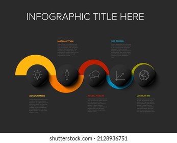 Vector Infographic Company Milestones curved horizontal Timeline Template. Dark time line template with icons on dark gray buttons and curved color background. Timeline with curves icons and text