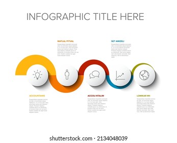 La plantilla de línea de tiempo horizontal curvada de Hitos de empresa de infografía vectorial. Plantilla de línea de tiempo ligero con iconos en botones blancos y fondo de color curvo. Línea de tiempo con iconos de curvas y contenido de texto