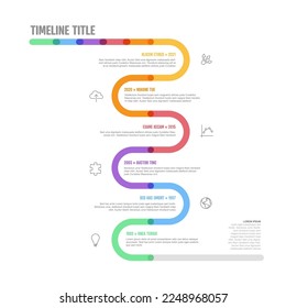 La plantilla de línea de tiempo vertical curvada de Hitos de empresa de infografía vectorial. Versión de la plantilla de línea de tiempo de marcado grueso claro con iconos. Línea de tiempo de color gruesa con curvas, iconos y contenido de texto