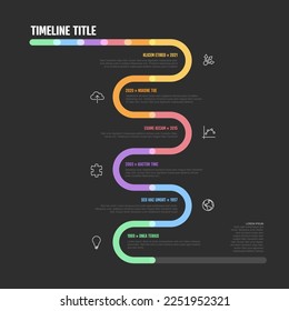 Die Meilensteine der Vector Infografic Company bogen vertikale Temeline-Vorlage. Dunkle, dicke Marker-Zeit-Zeilenvorlage Version mit Symbolen. Dick Color Timeline mit Kurven, Symbolen und Textinhalten