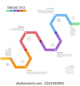 Vector Infographic Company Milestones curved diagonal timeline template. Light thick hexagonal marker time line template version with icons. Thick Color Timeline with curves, icons and text content