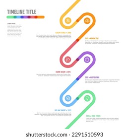 La plantilla de línea de tiempo vertical curvada de Hitos de empresa de infografía vectorial. Versión de la plantilla de línea de tiempo de marcado grueso claro con iconos. Línea de tiempo de color gruesa con curvas, iconos y contenido de texto