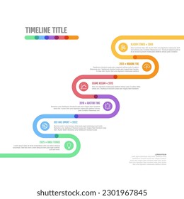 Plantilla de línea de tiempo diagonal curvada de Hitos de la empresa de infografía vectorial. Versión de la plantilla de línea de tiempo de marcado grueso claro con iconos. Línea de tiempo de color gruesa con curvas, iconos y contenido de texto