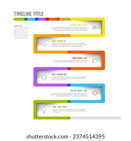 La plantilla de línea de tiempo vertical curvada de Hitos de empresa de infografía vectorial. Versión de la plantilla de línea de tiempo de marcado grueso claro con iconos. Línea de tiempo de color gruesa con curvas cuadradas, iconos y contenido de texto