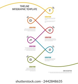 Vector Infographic Company Milestones curved Timeline with twirl Template. Light thin twist time line template version with icons. Thin Color kink Timeline with curves, icons and text content