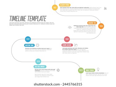 Vector Infografía Empresa Hitos Plantilla de línea de tiempo curvada con hitos de círculo de color. Versión de plantilla de línea de tiempo ligera con círculos. Línea de tiempo de color fino con curvas, iconos y contenido de texto