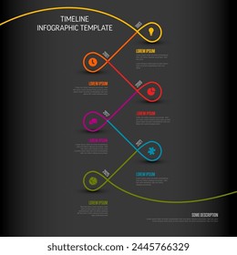 Vector Infographic Company Milestones curved Timeline with twirl Template. Dark thin twist time line template version with icons. Thin Color kink Timeline with curves, icons and text content