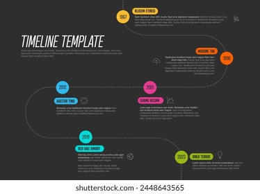 Vektorgrafik Infografik Unternehmen Meilensteine gekrümmte Timeline Vorlage mit Farbkreis Meilensteine. Dunkle Zeitleiste Vorlagenversion mit Kreisen. Dünne Farbzeitleiste mit Kurven, Symbolen und Textinhalten