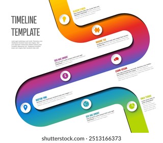 Vector Infografía Empresa Hitos Plantilla de línea de tiempo curva. Plantilla de línea de tiempo ligera con círculos e íconos. Línea de tiempo de arco iris grueso con curvas, iconos y contenido de texto