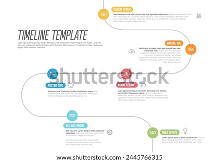 Vector Infographic Company Milestones curved Timeline Template with color circle milestones. Light time line templat version with circles. Thin Color Timeline with curves, icons and text content