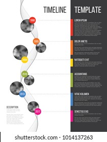 Plantilla de escala de tiempo de la empresa de infografía vectorial con marcadores de posición de foto en círculo en línea de color - versión vertical