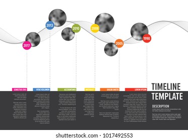 Vector Infographic Company Milestones Timeline Template with circle photo placeholders on colorful line - horizontal version
