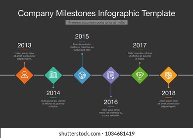 Vector infographic for company milestones timeline template with colorful rhombus isolated on dark background. Easy to use for your website or presentation.