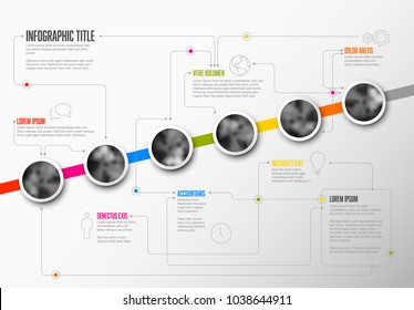 Vector Infographic Company Milestones Timeline Template with circle photo placeholders on colorful line