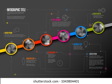 Vector Infographic Company Milestones Timeline Template with circle photo placeholders on colorful line - dark version