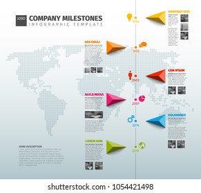 Vector Infographic Company Milestones Timeline Template with pointers on a line and world map in the background - vertical version