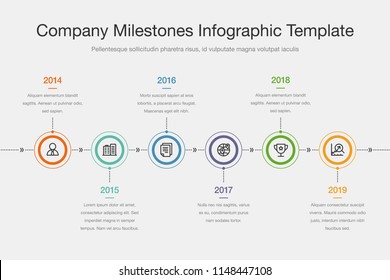 Vector infographic for company milestones timeline template with colorful circles and icons, isolated on light background. Easy to use for your website or presentation.