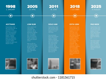 Vector Infographic Company Milestones Timeline Template with photo placeholders on blue and orange stripes