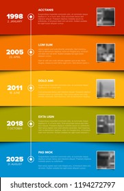 Vector Infographic Company Milestones Timeline Template with photo placeholders on color horizontal stripes