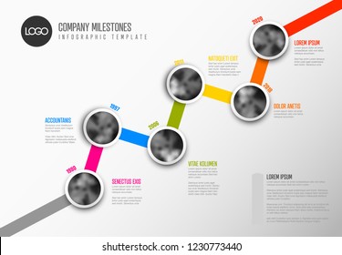 Vector Infographic Company Milestones Timeline Template with circle photo placeholders on colorful diagonal line 