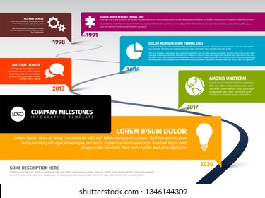 Vector Infographic Company Milestones Timeline Template with bubbles on a curved road line