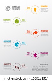 Vector  Infographic Company Milestones Timeline Template with circle icon pointers on a straight vertical  time line