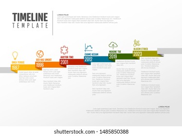 Plantilla de línea de tiempo de la empresa de infografía vectorial con punteros en una línea de tiempo de cinta de color diagonal recta y fondo claro