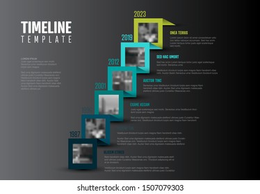 Vector Infographic Company Milestones Timeline Template with photos on a straight diagonal colorful ribbon time line and light background