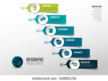 Vector Infographic Company Milestones Timeline Template With Circle Icon Pointers On A Straight Diagonal Time Line - Blue And Green Colors Version With Dual Colors Icons